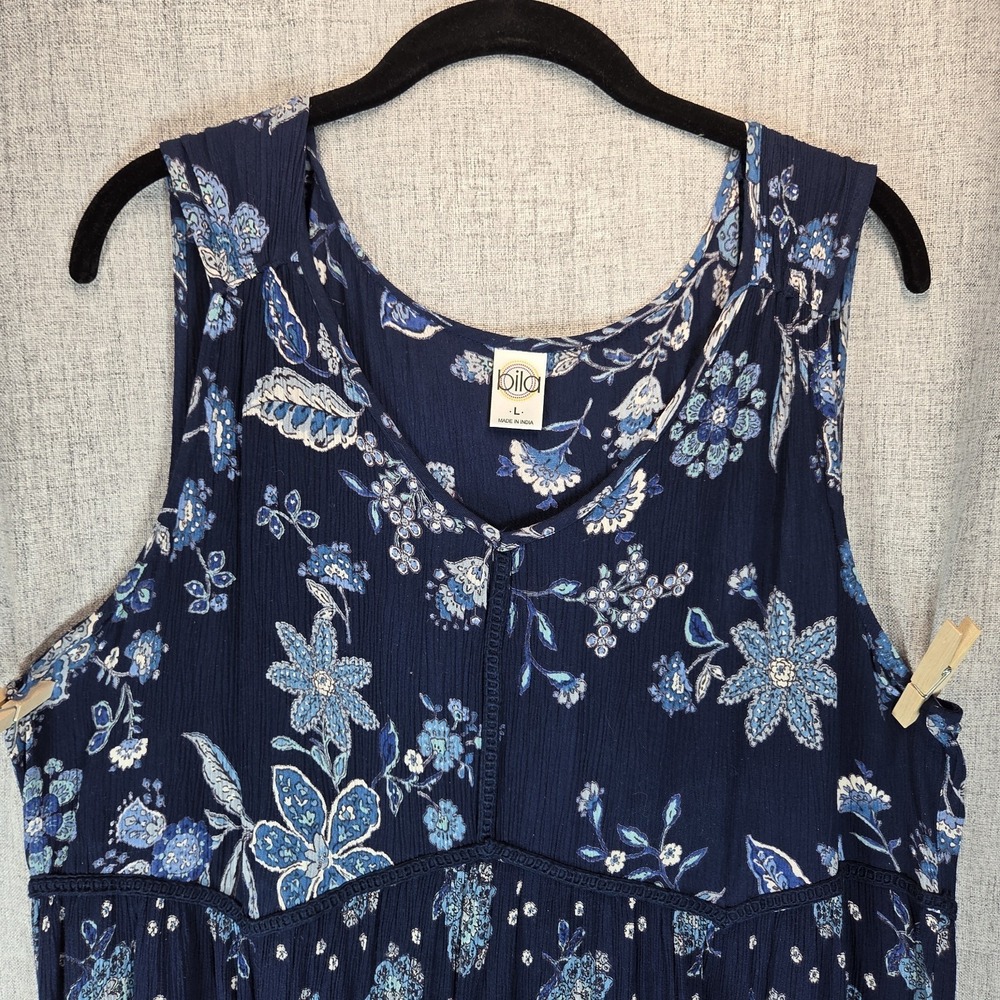 Bila Floral Dress Women's Large Navy Blue Sleeveless Lightweight Boho Casual